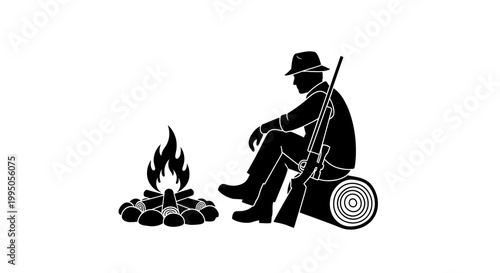 Silhouette of a hunter resting by a campfire in the wilderness