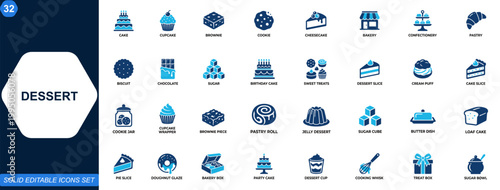 Dessert icons collection. Cake, cupcake, brownie, cookie, cheesecake, bakery, confectionery, pastry, birthday treats, chocolate sweets, sugar snacks. Editable icons collection. Vector.