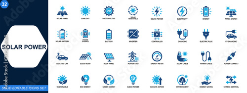 Solar power icons set. Renewable energy, photovoltaic panel, solar battery, inverter, green electricity, sustainable technology, clean EV charging. Editable icons collection. Vector.