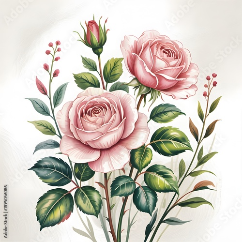 Pink roses with green leaves and buds illustration