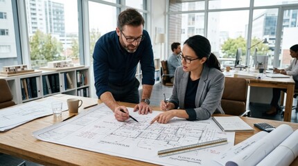 Two architects reviewing blueprints on table, teamwork and construction planning concept, professional design meeting, modern office light, realistic detail, no logos