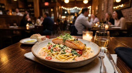 Salmon pasta dish in a restaurant, creamy gourmet meal, elegant presentation, warm dining atmosphere, realistic detail, no logos