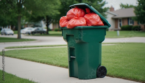 Obraz na plátně A green residential trash bin overflowing with red garbage bags sits on a suburban sidewalk, with a blurred neighborhood background