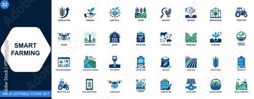 Smart farming icon set. Agriculture, agritech, precision farming, crop management, greenhouse, tractor, drone, harvest, seeding, sustainable agriculture. Editable icons collection. Vector.