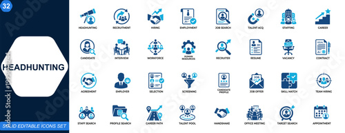 Headhunting and recruitment icon set. Hiring, employment, job search, talent acquisition, staffing, candidate profile, interview, workforce, human resources. Editable icons collection. Vector.