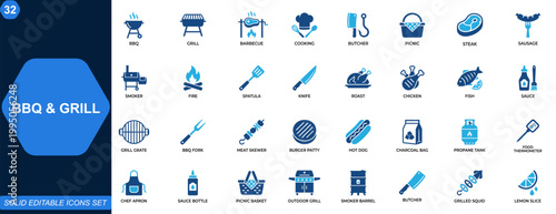 BBQ and grill icon set. Barbecue, cooking, butcher, picnic, steak, sausage, smoker, fire, spatula, roast, outdoor kitchen, food menu, grilling tools. Editable icons collection. Vector.