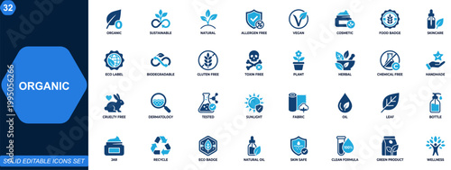 Organic and sustainable product badge icons set. Natural cosmetics, vegan food, allergen free, skincare, biodegradable packaging, toxin free, eco labels. Editable icons collection. Vector.