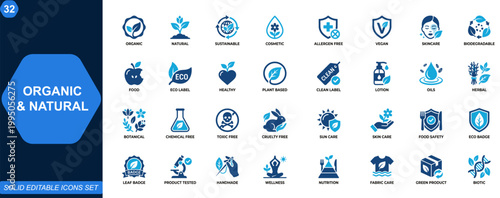 Organic and natural icon set. Sustainable cosmetic, allergen, vegan, skincare, biodegradable, eco product, healthy food, clean label, plant based. Editable icons collection. Vector.