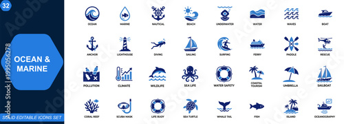 Ocean and marine icons set. Nautical, underwater, beach, sea life, sailing, diving, lighthouse, waves, coastal tourism, ecology, water safety. Editable icons collection. Vector.