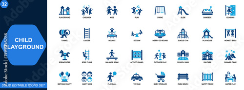 Child playground icon set. Kids activities, play equipment, outdoor games, swing, slide, sandbox, climbing, recreation, amusement, entertainment. Editable icons collection. Vector.