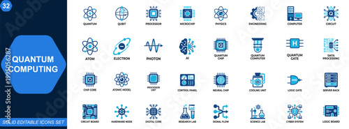 Quantum computing icon set. Quantum computer, qubit, processor, microchip, physics, engineering, AI, circuit, atomic technology, cybernetics, electronics. Editable icons collection. Vector.