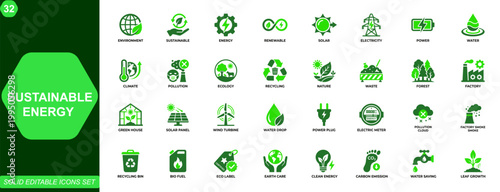 Sustainable energy and eco environment icon set. Renewable power, solar, water, pollution control, green technology, electricity, climate, recycling. Editable icons collection. Vector.