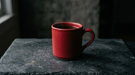 Red ceramic coffee mug standing alone on a dark textured surface, minimalist beverage still life with bold color contrast and clean composition, soft dramatic light, realistic detail, no logos