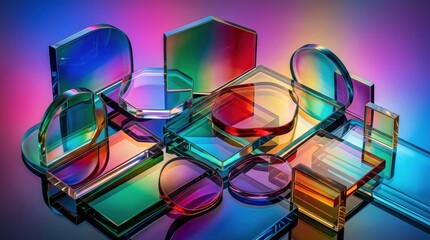 Colorful glass plates with vibrant gradient background, luxury optical abstraction, luminous reflective surfaces, bold modern composition, crisp detail, no logos