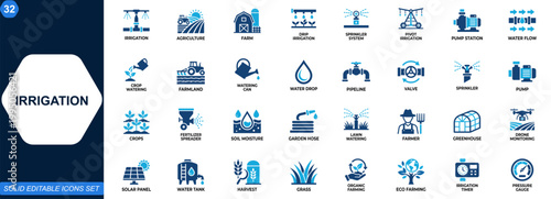 Irrigation icon set for agriculture and farm water management. Drip irrigation, sprinkler system, pivot irrigation, pump station, water flow control, crop watering, sustainable farming. Vector.