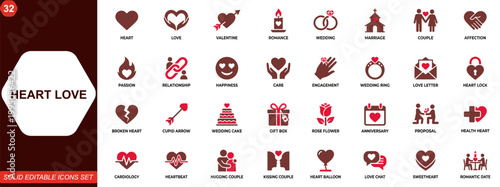 Heart love icon set for romance and relationship themes. Valentine, wedding, marriage, couple, affection, passion, happiness, health care. Editable icons collection. Vector.