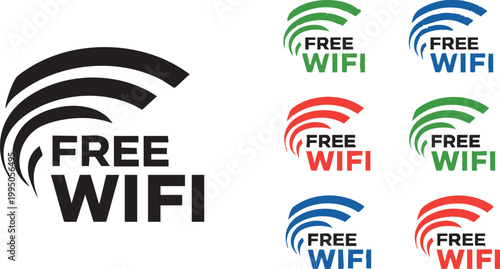 A collection of colorful free wifi symbols with curved signal indicators