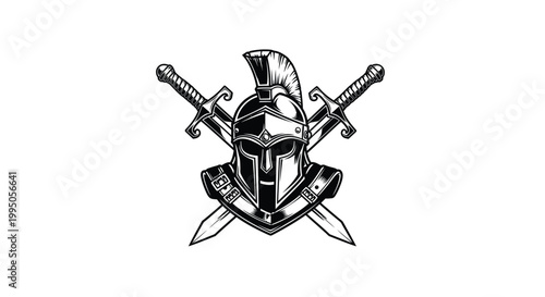 A Spartan helmet sits prominently displayed behind two crossed swords, representing strength and historical martial tradition in design.