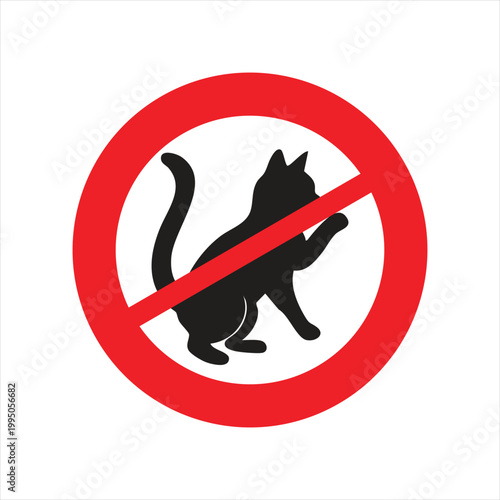 Prohibition sign illustrates a black cat silhouette inside a red circle with a diagonal strike to denote that animals are restricted from this specific space.