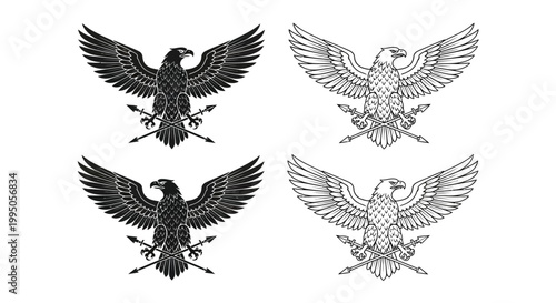The eagle illustration presents four majestic birds with spread wings clutching sharp arrows in a detailed symmetrical black white design.