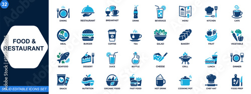 Food and restaurant icon set for breakfast, beverages, dining and kitchen menus. Meal, drink, cafe, culinary, bakery, burger, salad, coffee, tea. Editable icons collection. Vector.