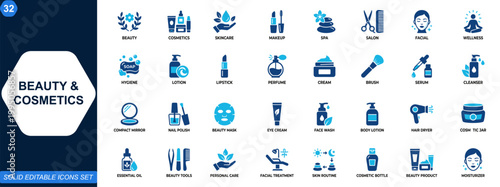 Beauty and cosmetics icon set for skincare and makeup applications. Cosmetics, skincare, makeup, spa, salon, wellness, facial treatment, personal care tools. Editable icons collection. Vector.