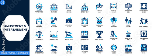 Amusement and entertainment icon set for carnival, festival and leisure events. Theme park, funfair, rides, games, celebration, playground, family activities. Editable icons collection. Vector.
