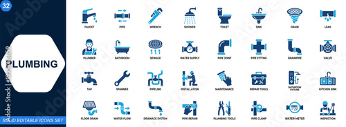 Plumbing icon set for bathroom and home repair services. Faucet, pipe, wrench, shower, toilet, sink, drain, leak repair, water supply, sanitary installation. Editable icons collection. Vector.