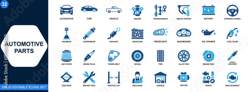 Automotive parts icon set. Car components, vehicle systems, engine, transmission, brake, battery, steering, maintenance tools, mechanic workshop. Editable icons collection. Vector.