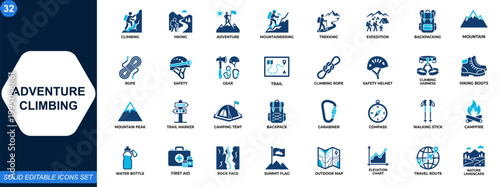 Adventure climbing icon set. Hiking, mountaineering, outdoor sport, trekking, expedition gear, mountain trail, backpacking, safety equipment, exploration travel. Editable icons collection. Vector.