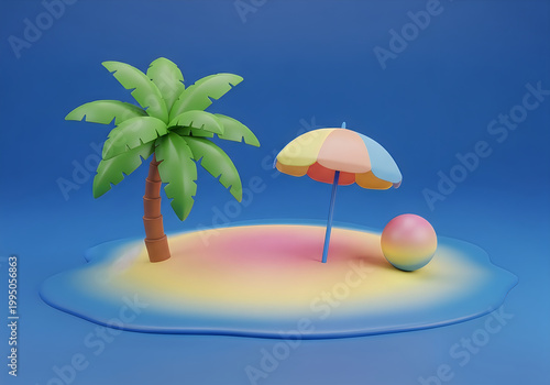 3d render of tropical island with palm tree and beach umbrella on blue background, minimalistic summer scene.