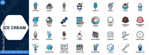 Ice cream icon set. Dessert, cone, cup, popsicle, sundae, gelato, frozen yogurt, sweet treat, summer refreshment. Editable icons collection. Vector.