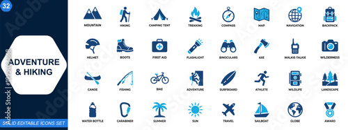 Adventure and hiking outdoor exploration icon set. Camping, trekking, mountain climbing, forest navigation, backpacking, campfire, expedition gear, wilderness travel. Editable icons collection.