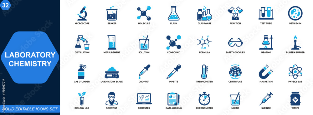 Naklejka premium Laboratory chemistry icon set. Science research, chemical analysis, lab equipment, experiment tools, microscope, beaker, molecule, scientific testing. Editable icons collection. Vector.