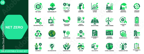 Net Zero and Sustainable Energy icon set. Carbon footprint, renewable energy, climate action, green technology, emission reduction, circular economy, environmental transition. Editable icons. Vector.