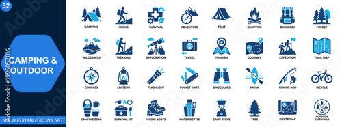 Camping and outdoor adventure icon set. Camping, hiking, survival, backpacking, campfire, tent, forest, wilderness, trekking, exploration. Editable icons collection. Vector.