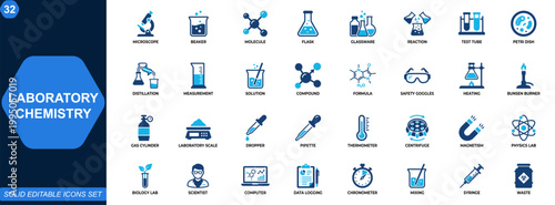 Laboratory chemistry icon set. Science research, chemical analysis, lab equipment, experiment tools, microscope, beaker, molecule, scientific testing. Editable icons collection. Vector.