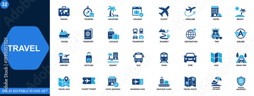 Travel icon set for tourism, vacation and holiday trips. Flight, airplane, hotel, beach, cruise, passport, luggage, journey planning, transport network. Editable icons collection. Vector.