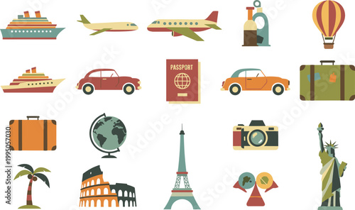 Travel and vacation icons vector set with airplane cruise passport luggage landmarks and transport elements for tourism marketing and trip planning