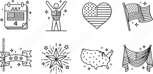 A collection of line art icons representing american independence day celebrations