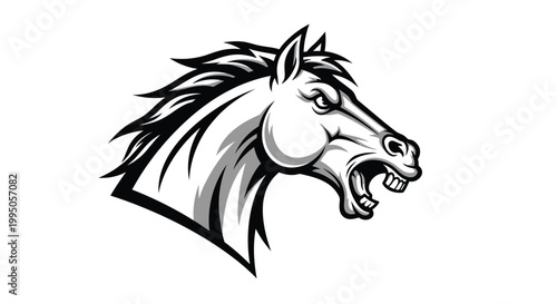 Horse head illustration captures a fierce and aggressive stallion roaring with bared teeth in a sharp high contrast black white design.