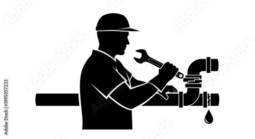 Silhouette of a plumber repairing a leaky pipe with a wrench