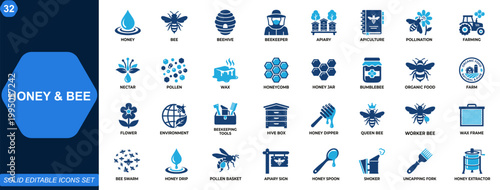 Honey and Bee icon set for beekeeping and agriculture. Honey, bee, beehive, beekeeper, apiary, apiculture, pollination, farming, organic food. Editable icons collection. Vector.