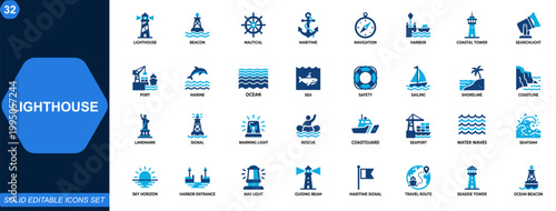 Lighthouse icon set. Lighthouse, nautical, beacon, maritime, navigation, harbor, coastal tower, searchlight, port safety. Editable icons collection. Vector.