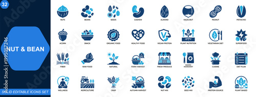 Nut and bean icon set. Cashew, almond, hazelnut, peanut, pistachio, seeds, healthy snack, organic food, vegan protein, plant nutrition. Editable icons collection. Vector.