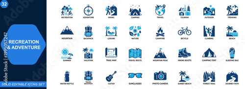 Recreation and adventure icon set. Hiking, camping, travel, tourism, outdoor leisure, trekking, mountain, backpacking, summer trip, exploration. Editable icons collection. Vector.