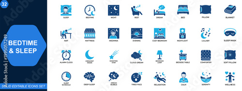 Bedtime and Sleep Icon Set. Sleep, bedtime, night, rest, dream, relaxation, wellness, bed, pillow, blanket. Editable icons collection. Vector.