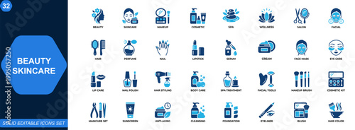 Beauty and skincare icon set. Makeup, spa, cosmetic, wellness, salon, facial, haircare, perfume, manicure, treatment, beauty tools, personal care. Editable icons collection. Vector.