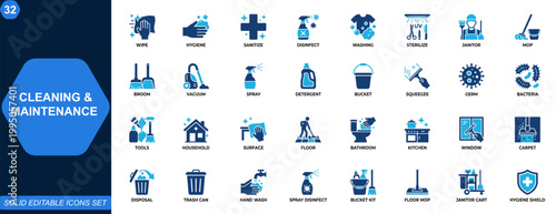 Cleaning and maintenance icon set. Hygiene, disinfection, sanitation, household cleaning, janitorial tools, washing equipment, sterilization, surface care. Editable icons collection. Vector.