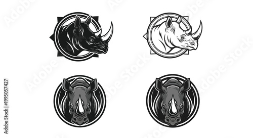 Rhino head emblems appear in a circular frame design with solid black and outlined white variations for a bold and professional logo set.
